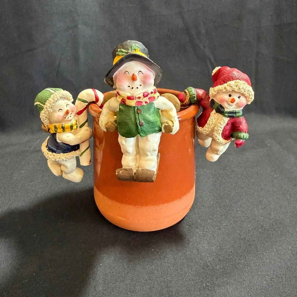 Snowman‎ Lamp & Pot Perchers Vintage Set of 3 Polystone Christmas Decor 6510